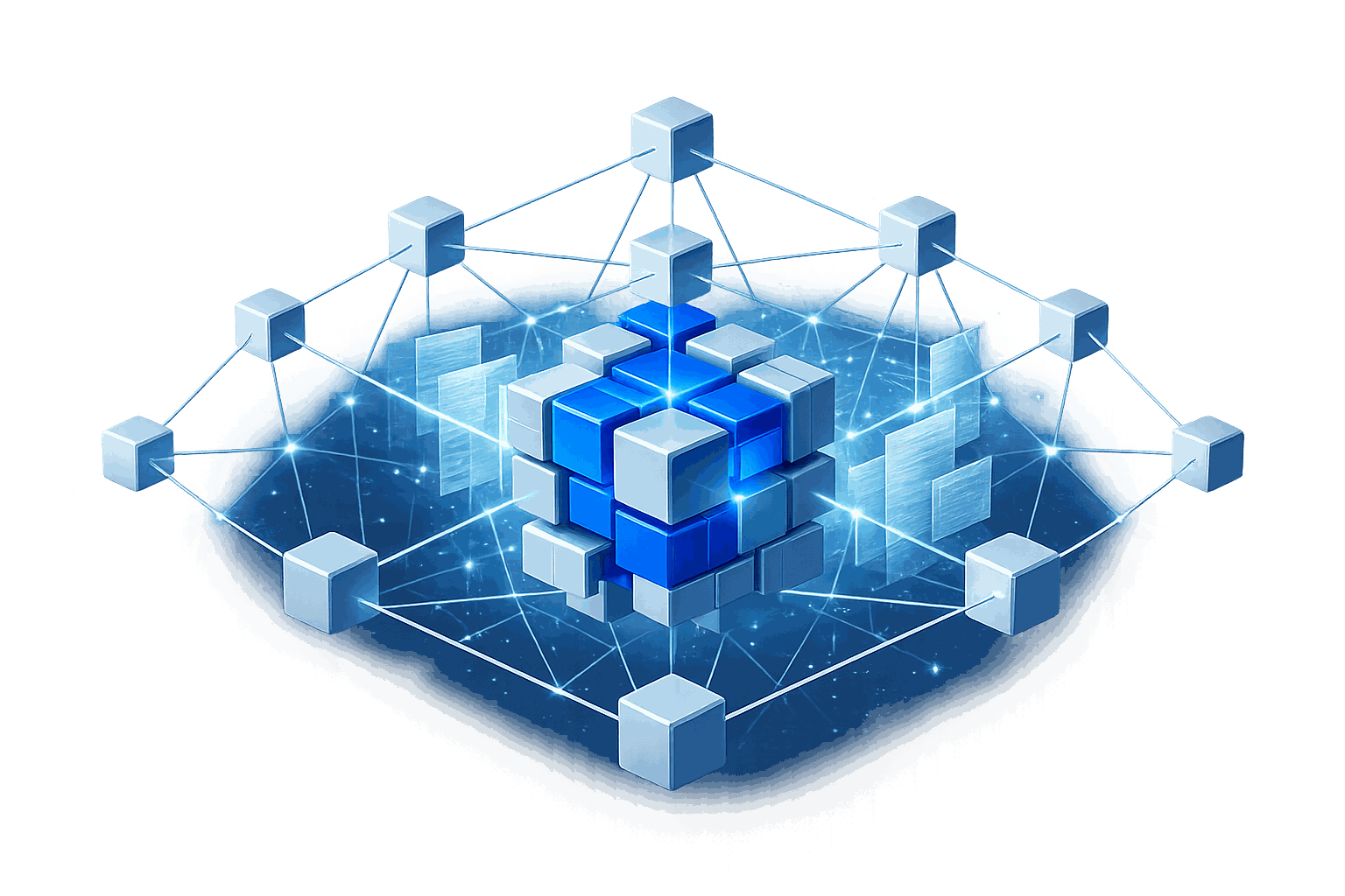 Futuristic blue cube network with glow