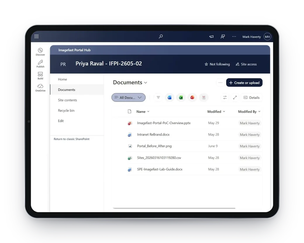 A SharePoint document library as a guest sees it, with the app bar, site navigation and library controls
